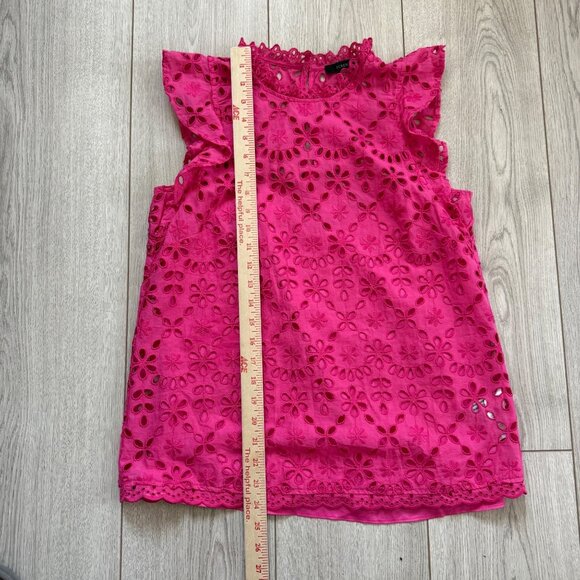 J.CREW Women's Tank Top Sz S Hot Pink Eyelet Lace Mock Neck Ruffle Pullover - Picture 8 of 10
